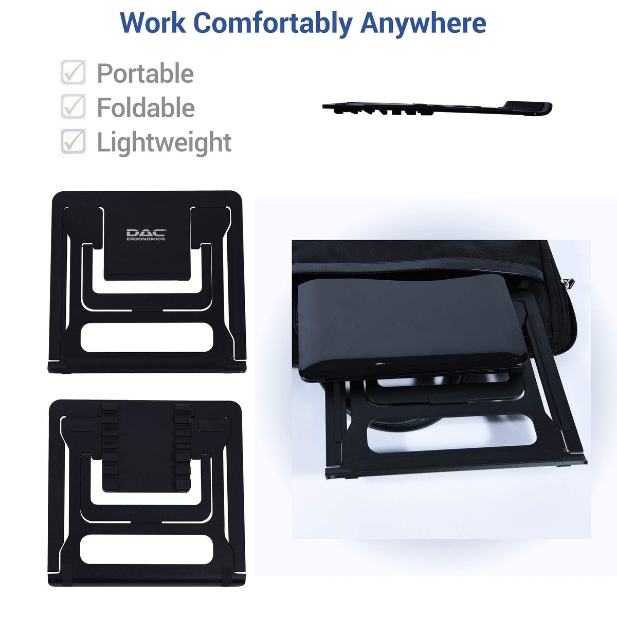 DAC Portable Laptop Stand with 6 Height Levels, Height Adjustable Foldable Aluminum Laptop Riser, Non-Skid Notebook Computer and Tablet Stand