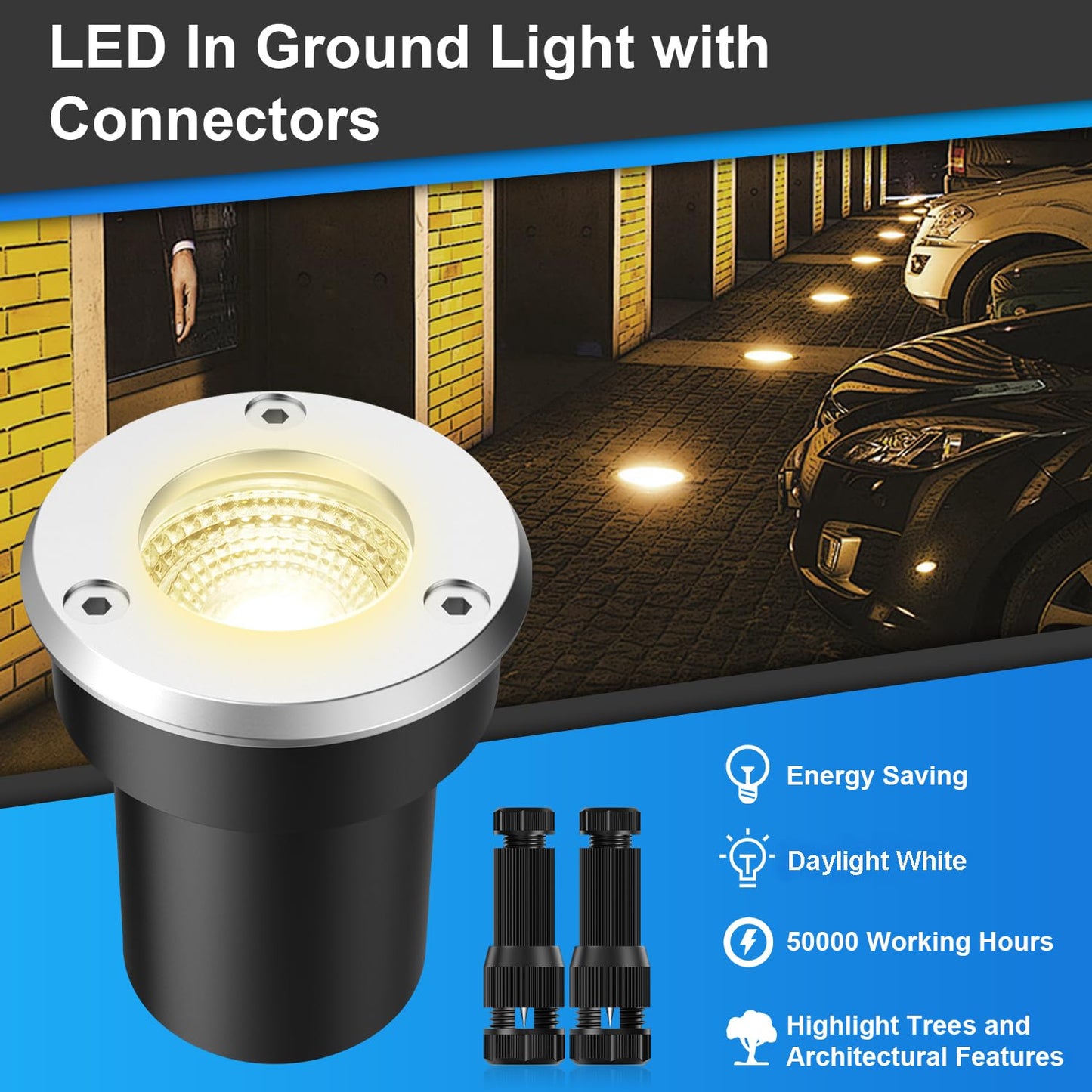 LEDVIE LED Landscape Lights, 12 Pack 7W Ground Lights With 24 Connectors, Low Voltage In-Ground Well Pathway Lighting, Daylight White, Waterproof