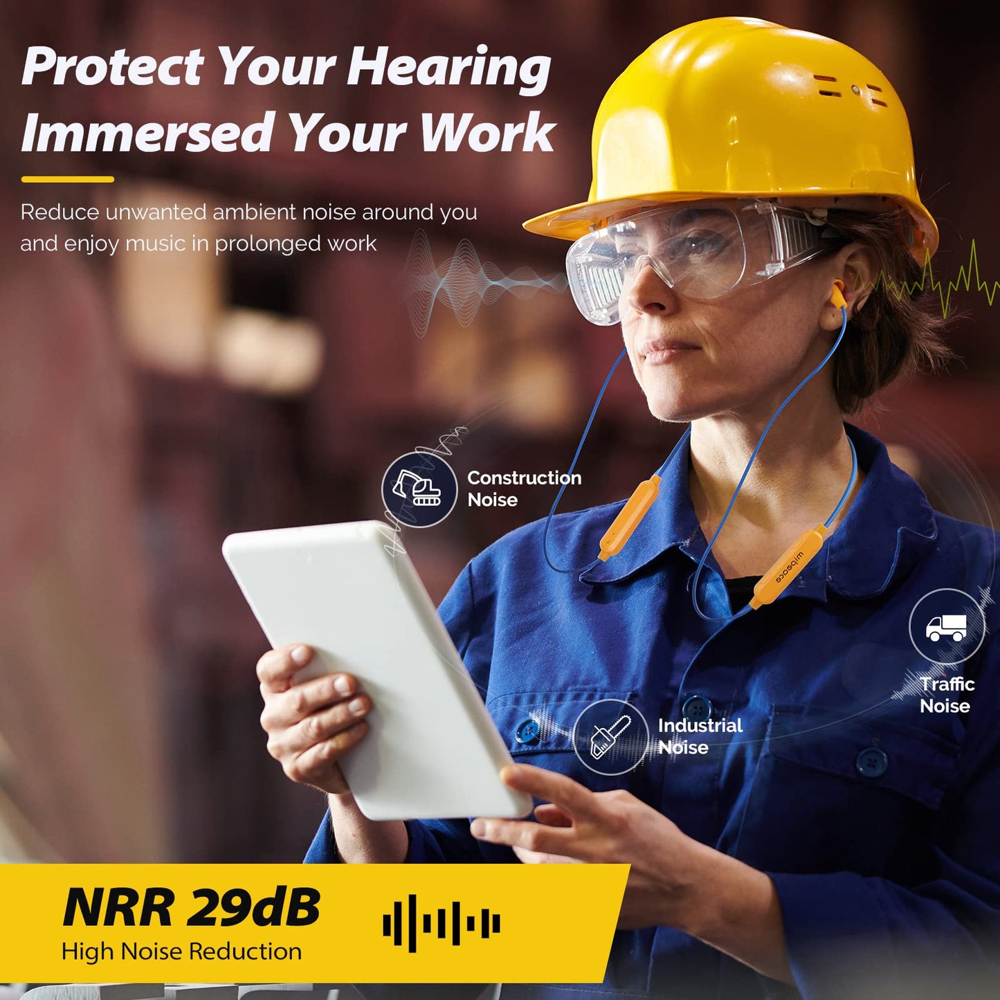 MIPEACE Bluetooth Work Earplugs Headphone,Wireless in-Ear Noise Isolating Earbuds,29dB Noise Reduction Headphone with Control,19+ Hours Battery