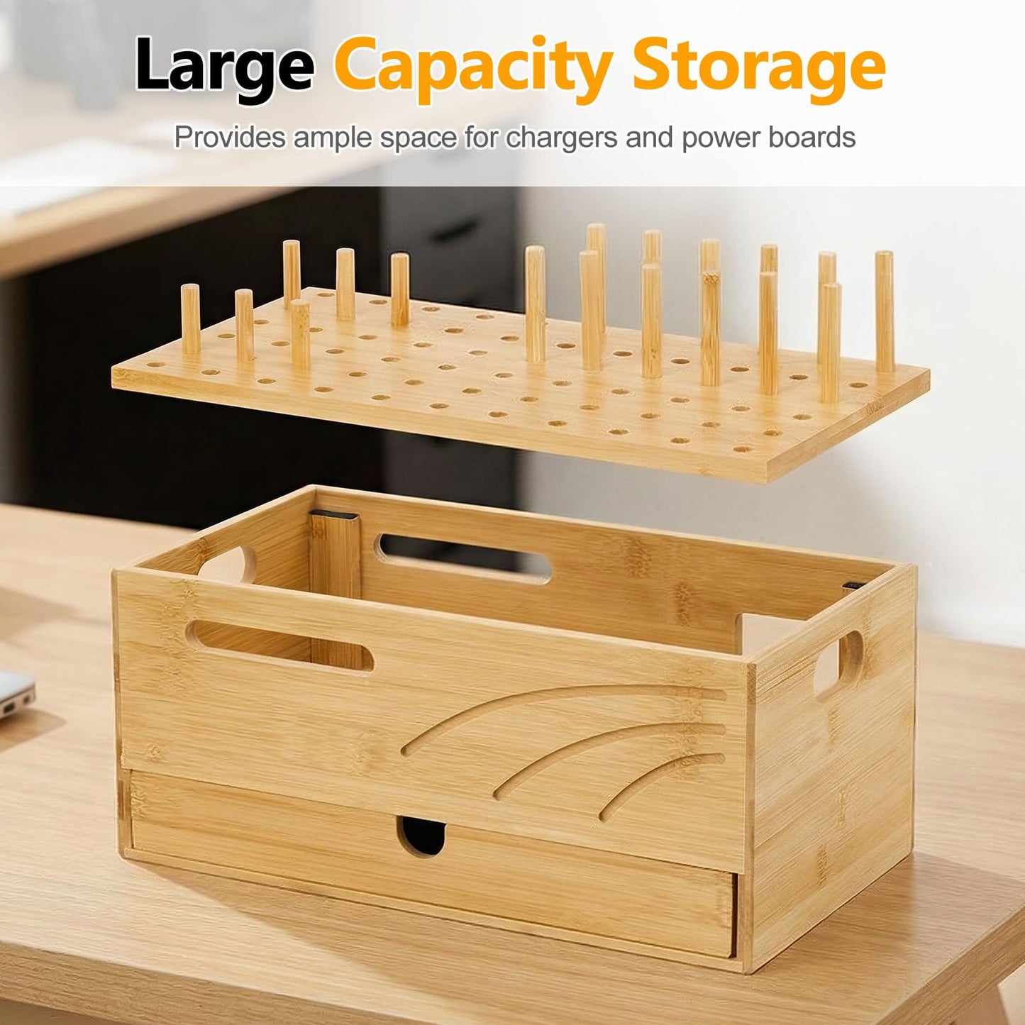 Homde Bamboo Charging Station Organizer: 2 Layer Charger Holder with Drawer for Office Home - Electronic Docking Stand for Multiple Devices, Tablets