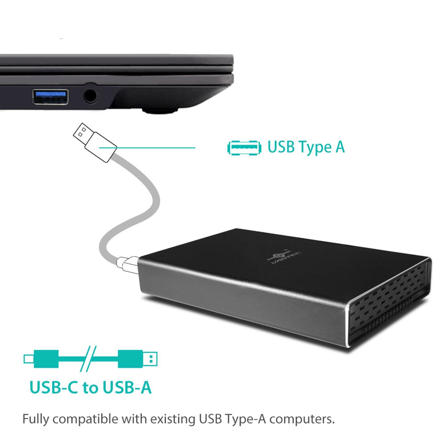Vantec NexStar Gx USB 3.1 Gen 2 Type-C 2.5” SATA SSD/HDD Enclosure for 9.5mm & 7mm Height Drive; Comes with C to C and C to A Cable; Aluminum Casing