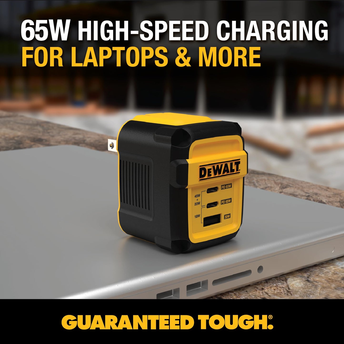 DEWALT Heavy Duty 3 Port Dual USB C Charger Block, USB C Power Adapter GaN Charger (65W), PPS 3-Port Fast Compact Foldable for MacBook Pro/Air iPad
