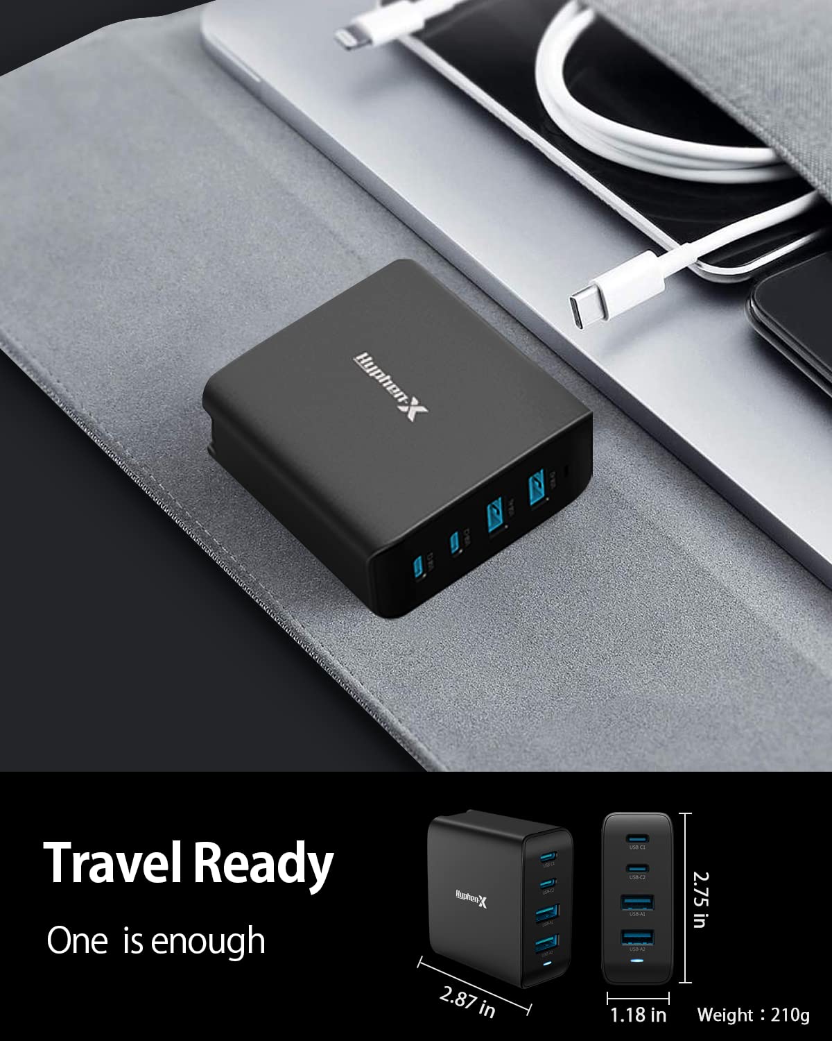 100W USB C Charger, 4 Port GaN Fast Charger Block Foldable Type C Charging Block Fast Charging Block Compatible with MacBook Pro/Air, iPhone