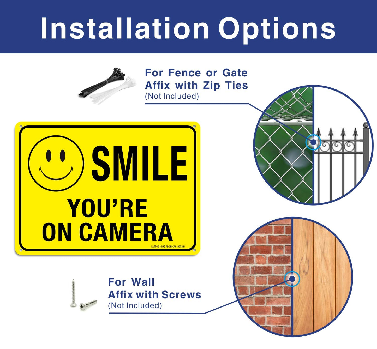 (2 Pack) Faittoo Smile You're On Camera Sign, Reflective 10x7 Rust Free .40 Aluminum, UV Protected, Weather Resistant, Durable Ink, Indoor & Outdoor