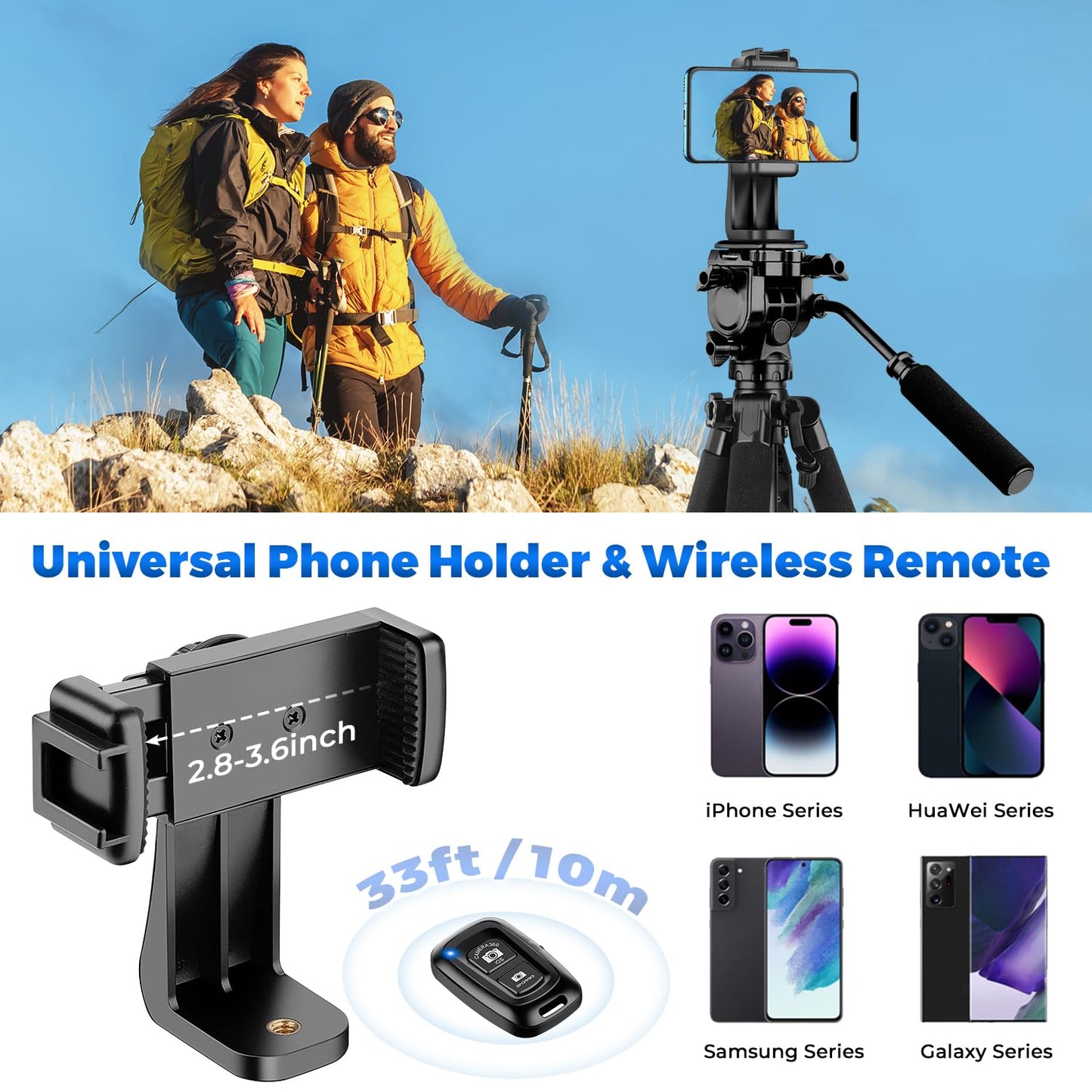 Camera Tripod, 75” Heavy Duty Tripod for Camera with Phone Holder and Travel Bag, Compatible with Video Camera, DSLR, Spotting Scopes, Camcorder