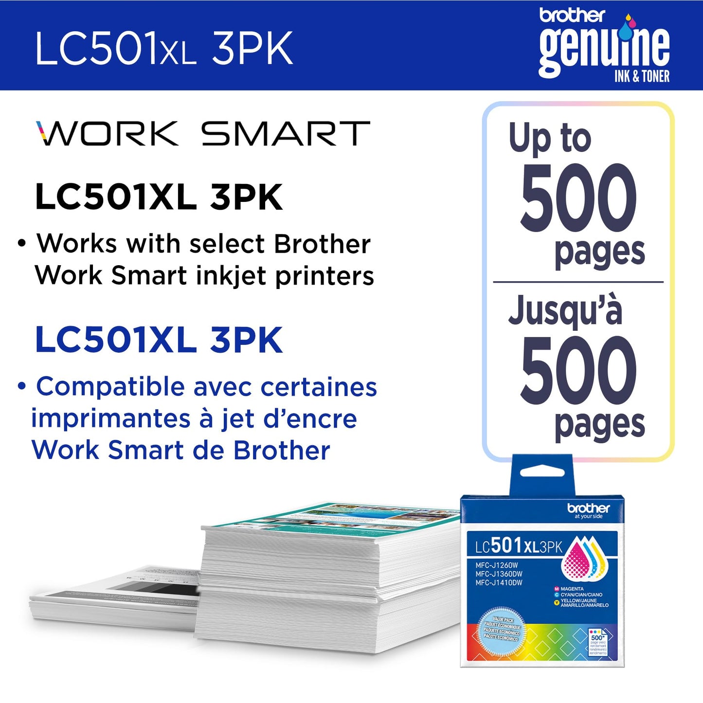 Brother Genuine LC501XL3PK 3-Pack High Yield Cyan, Magenta, and Yellow Ink Cartridges (for use with Work Smart 1260, 1360, and 1410 Printers)