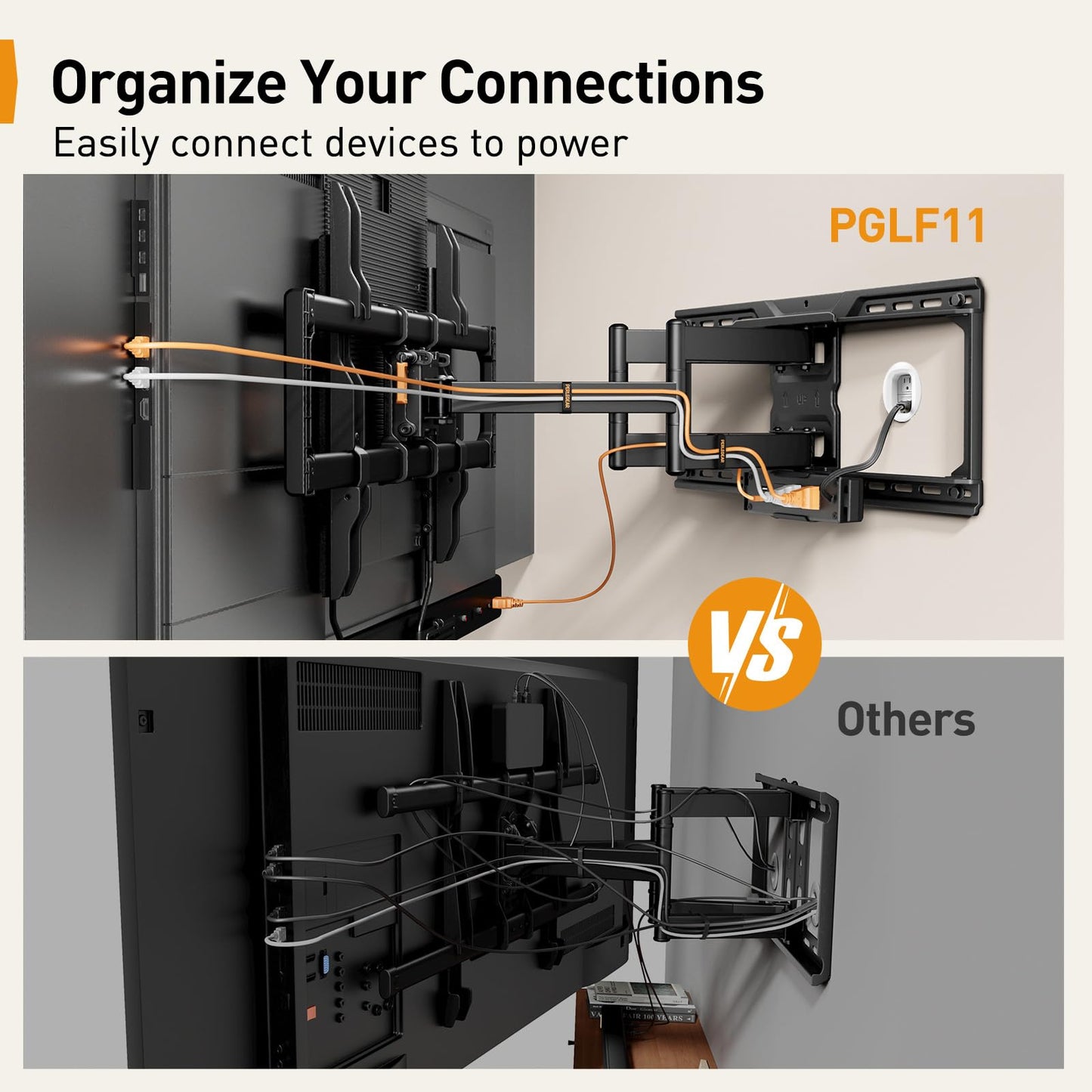 Perlegear Full Motion TV Wall Mount with Power Strip for 42-90 Inch TVs up to 150 lbs, Pre-Assembled TV Mount Has Smooth Swivel, Tilt, Extension, Max