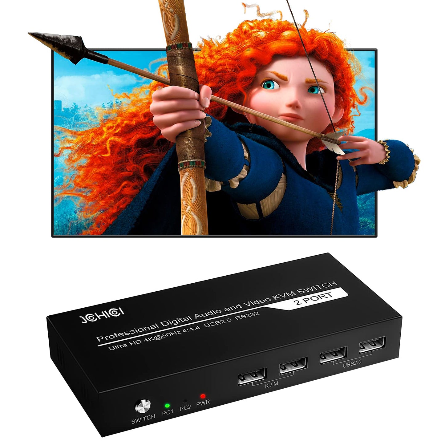 KVM Switch HDMI 2 Port, JCHICI 4K@60Hz USB KVM Switcher for 2 Computers Share 1 HD Monitor and a Set of Keyboard Mouse Printer U Disk