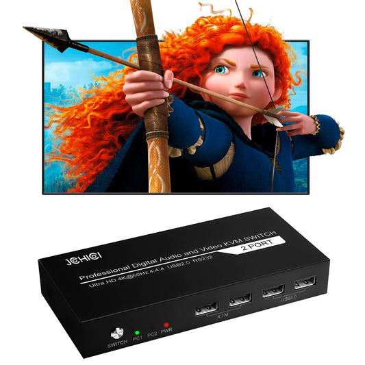 KVM Switch HDMI 2 Port, JCHICI 4K@60Hz USB KVM Switcher for 2 Computers Share 1 HD Monitor and a Set of Keyboard Mouse Printer U Disk