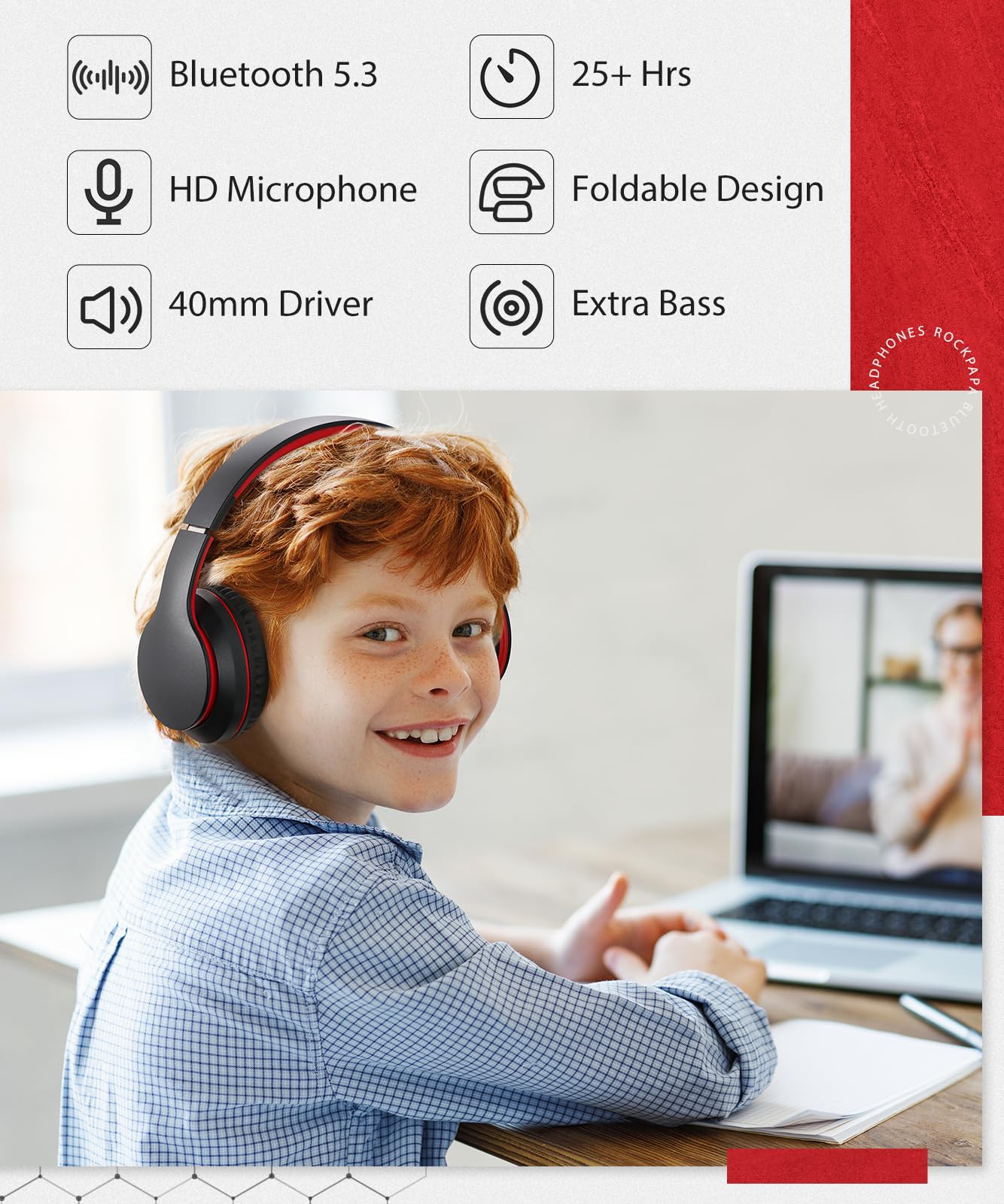 rockpapa E7 Over Ear Wireless Bluetooth Headphones with Mic, Foldable Wired/Wireless Headphones with Microphone for Kids Childrens Boys Girls Teen