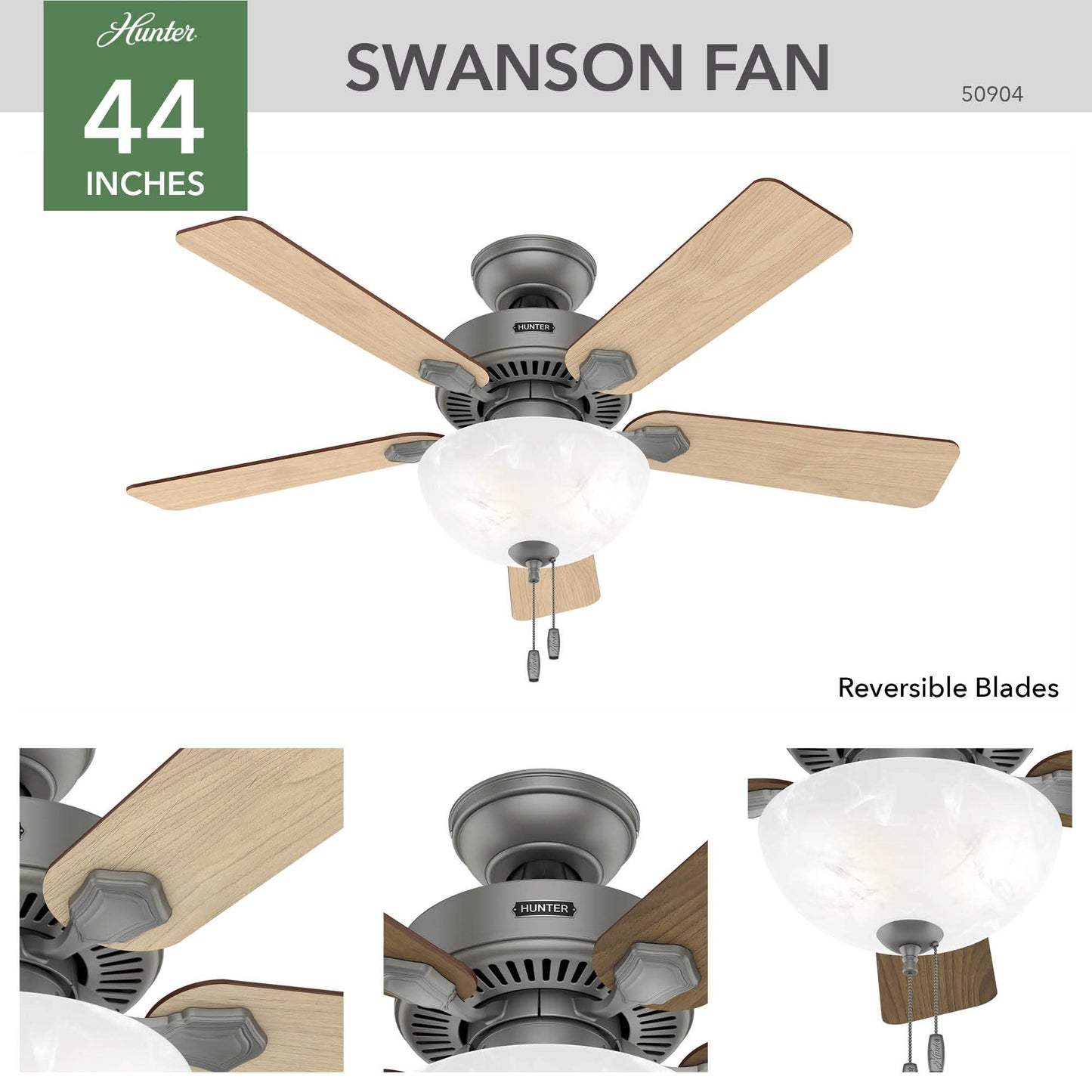 Hunter Fan Company, 44 inch ceiling fan with light, Swanson Matte Silver LED Fan, Pull Chain
