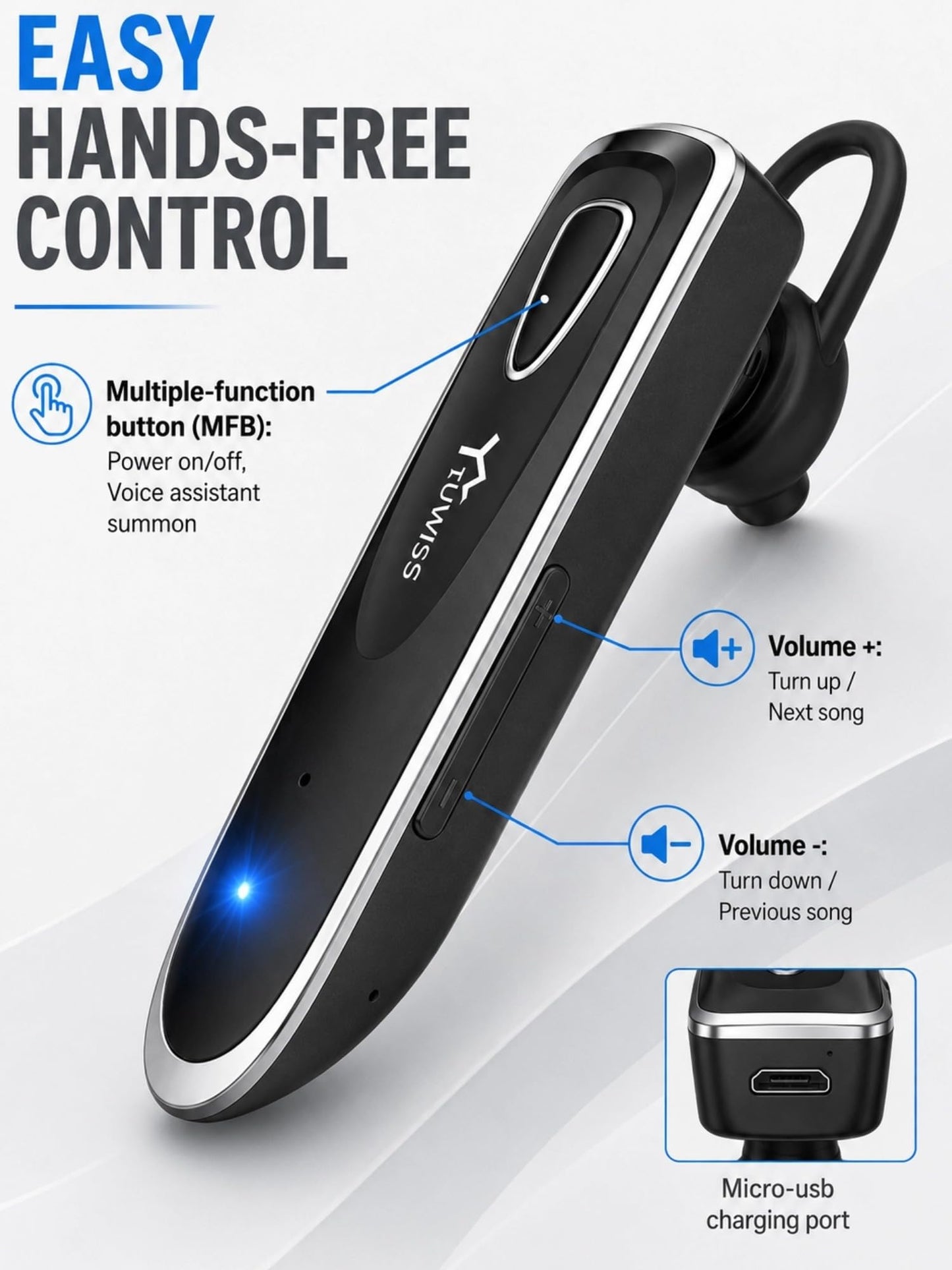 YW YUWISS Bluetooth Earpiece for Cell Phone with Mic Wireless in Ear Earbud Headphones Car Headset with 50 Hours Noise Canceling Hands Free Calling