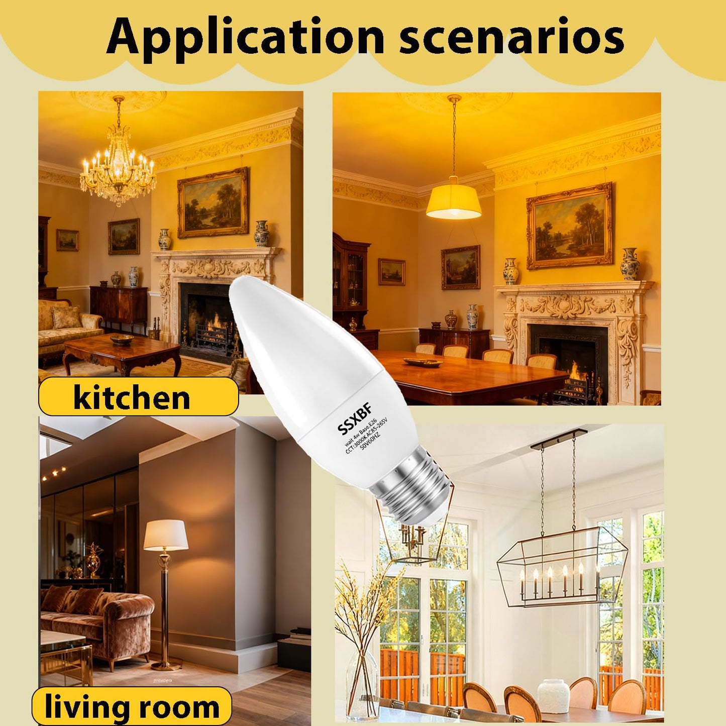 SSXBF E26 LED Candelabra Light Bulbs 40W Equivalent, Warm White 3000K 400 Lumen Chandelier Bulbs,AC85-240V 4W B11 Candle Base, Pack of 4