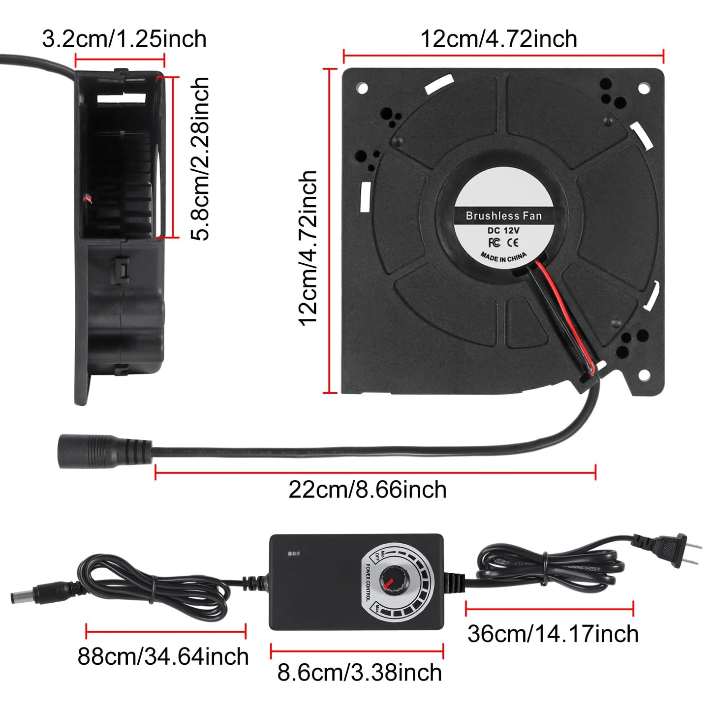 UMLIFE 1 Set PC Fans 120mm (120mm x 32mm) with Variable Speed Controller 3V to 12V, Axial Computer Fan with AC Plug 110V 120V 220V, Vent Fan for PC