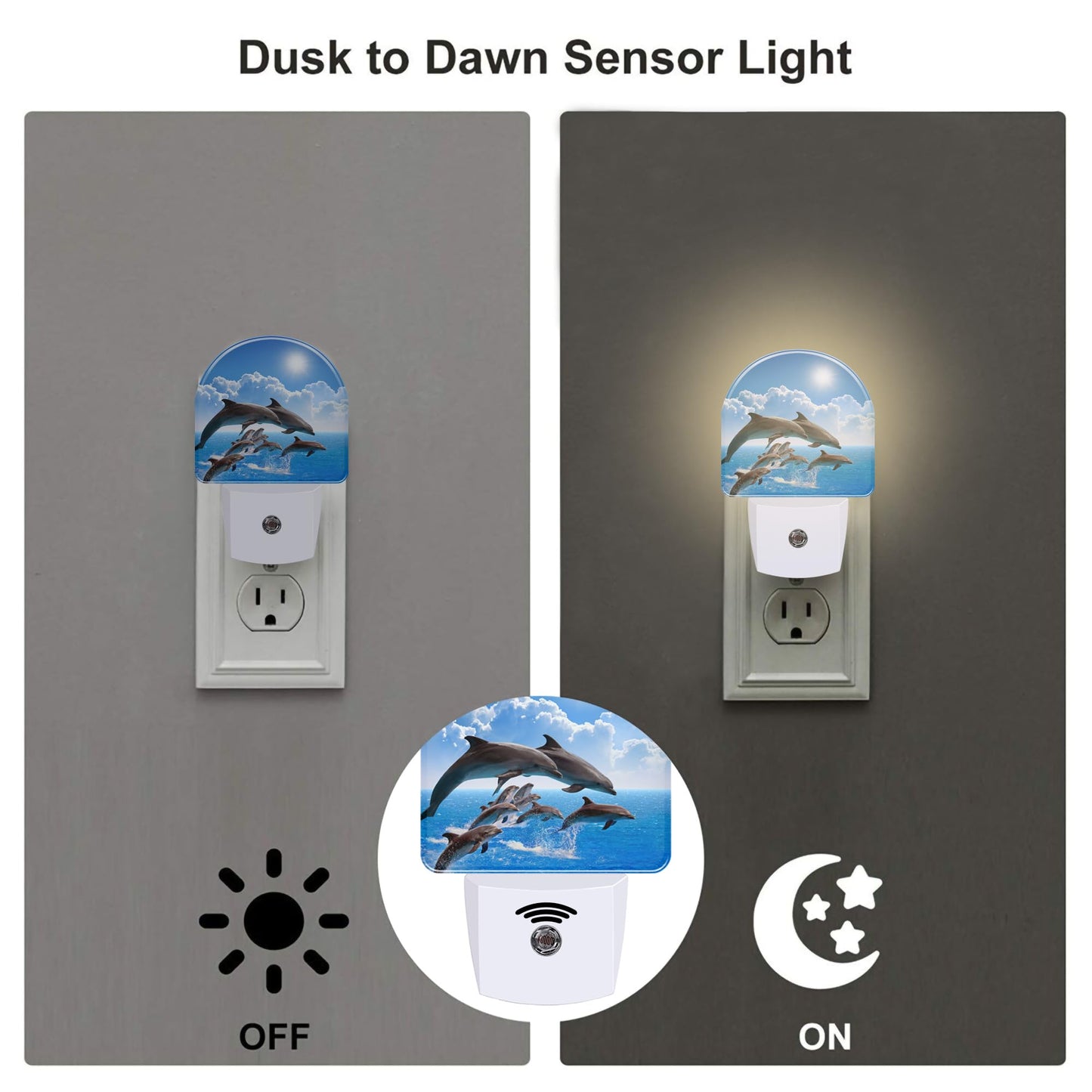 sndheke Jumping Dolphins Night Light Plug into Wall, Blue Sea and Bright Sky Dusk to Dawn Night Light Plug in,0.5w Energy Saving Sleep Friendly
