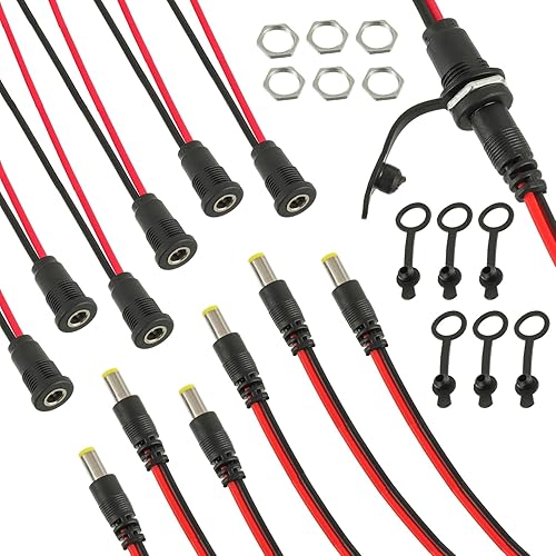 HUAREW 6 Pcs 5.5 x 2.1mm DC Power Jack Threaded Female Panel Mount Barrel Connector Adapter Kit with Waterproof Cover Cap