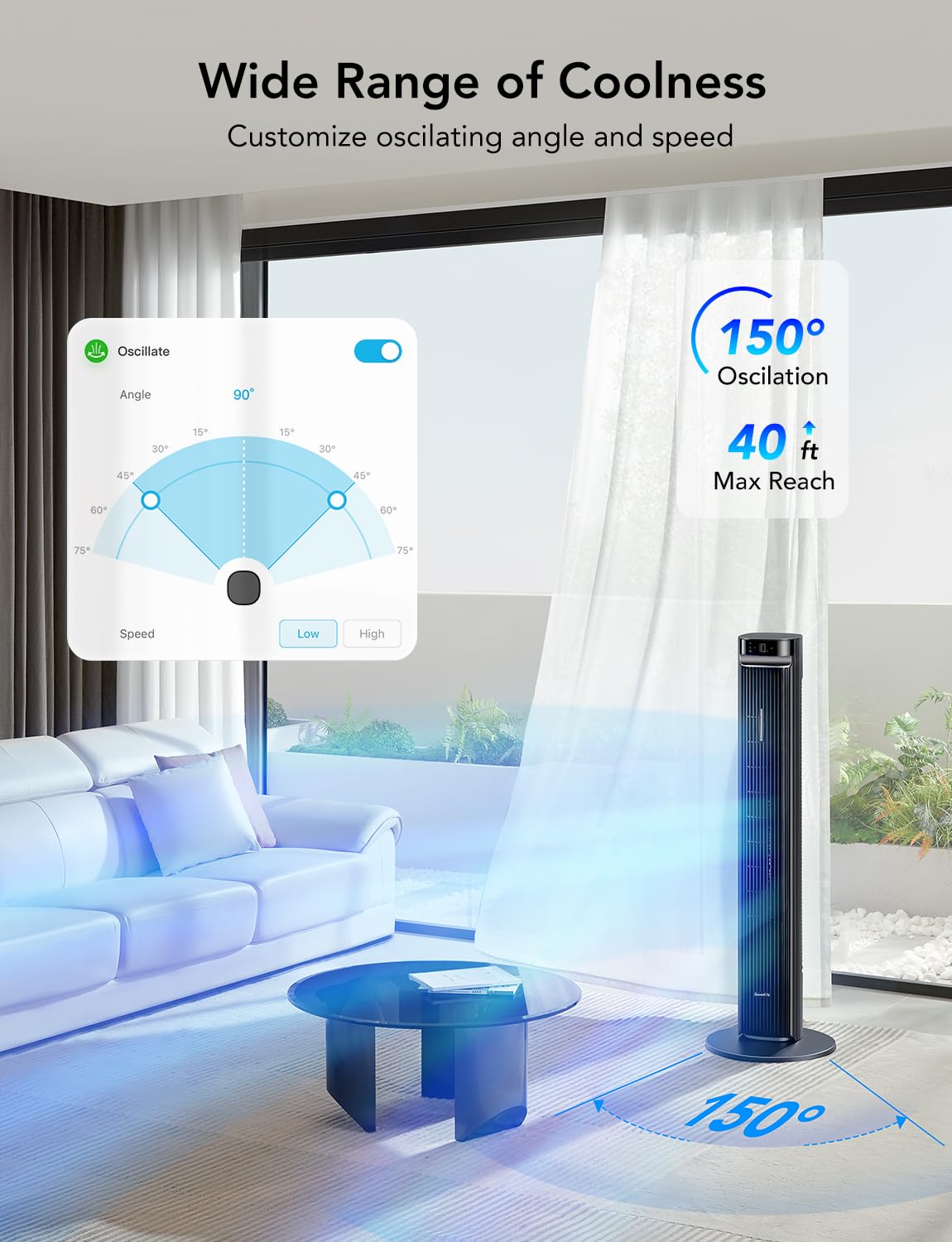 GoveeLife 42 in. Tower Fan, 150 Deg Oscillation, 5 Modes 12 Speeds, Black