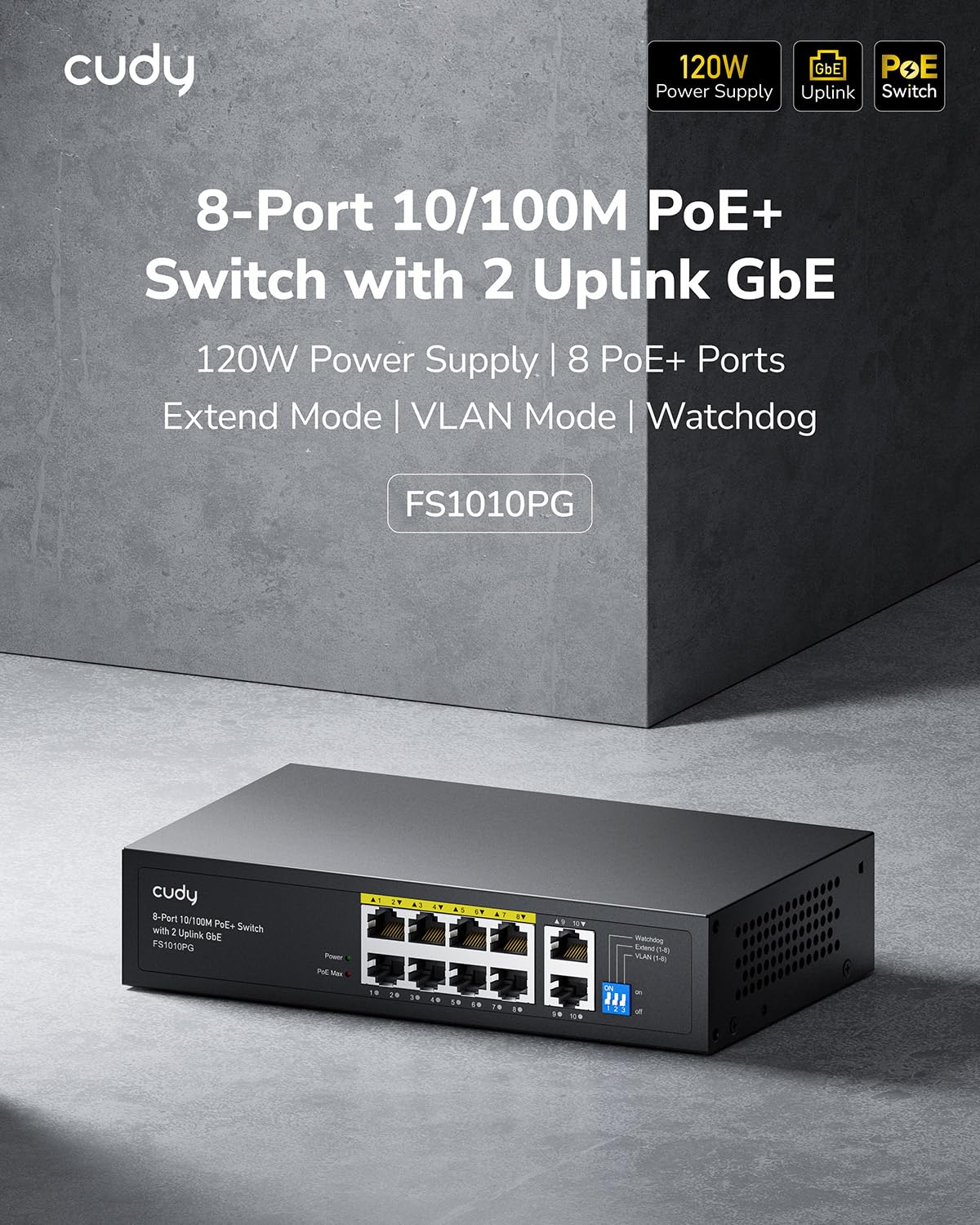 Cudy 8 Port Fast Ethernet 100Mbps PoE Switch 8 PoE+ Ports @120W, Plug & Play Sturdy Metal w/Shielded Ports Extend Mode Priority Mode FS1010PG