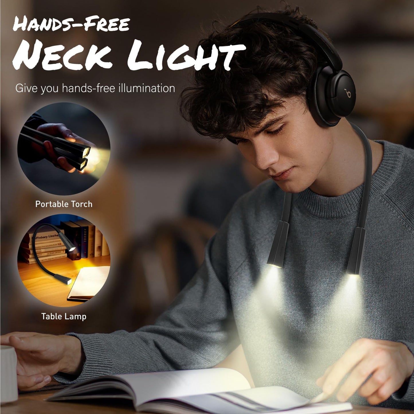 RADIXIUM LED Neck Reading Light, Book Light for Reading in Bed, 2 Colors, 4 Brightness Levels, Bendable Arms, Rechargeable, Long Lasting,Comfortable
