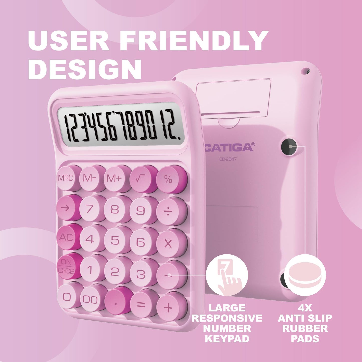 CATIGA Mechanical Switch Calculator, Pink Calculator with 12 Digit Large LCD Display & Big Buttons for Office Desk, Classroom Math, Back to School