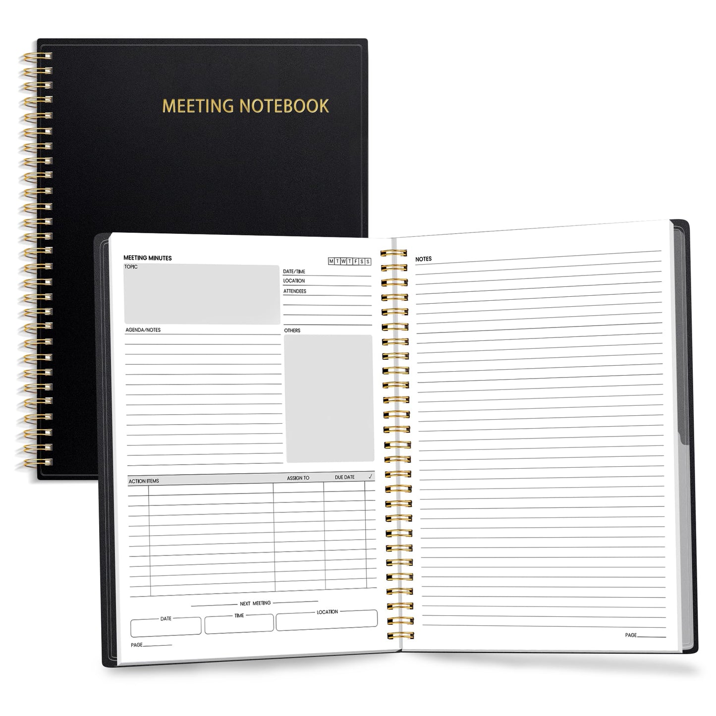 SUNEE Half Meeting Half Note - 7.5"x10" Professional Notebooks for Work - 160 Pages, B5 Size Project Planner, Spiral Meeting Agenda/Minutes Organizer