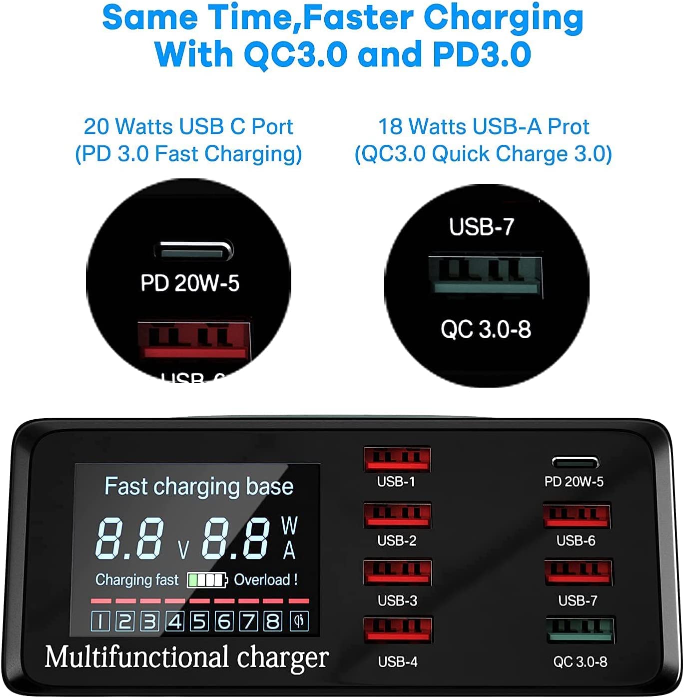 USB Charger Hub ASOMETECH 100W 8-Port Desktop Multiple USB Charging Station with PD Port, Quick Charge 3.0 Port, Wireless Charger, LCD Display Fast