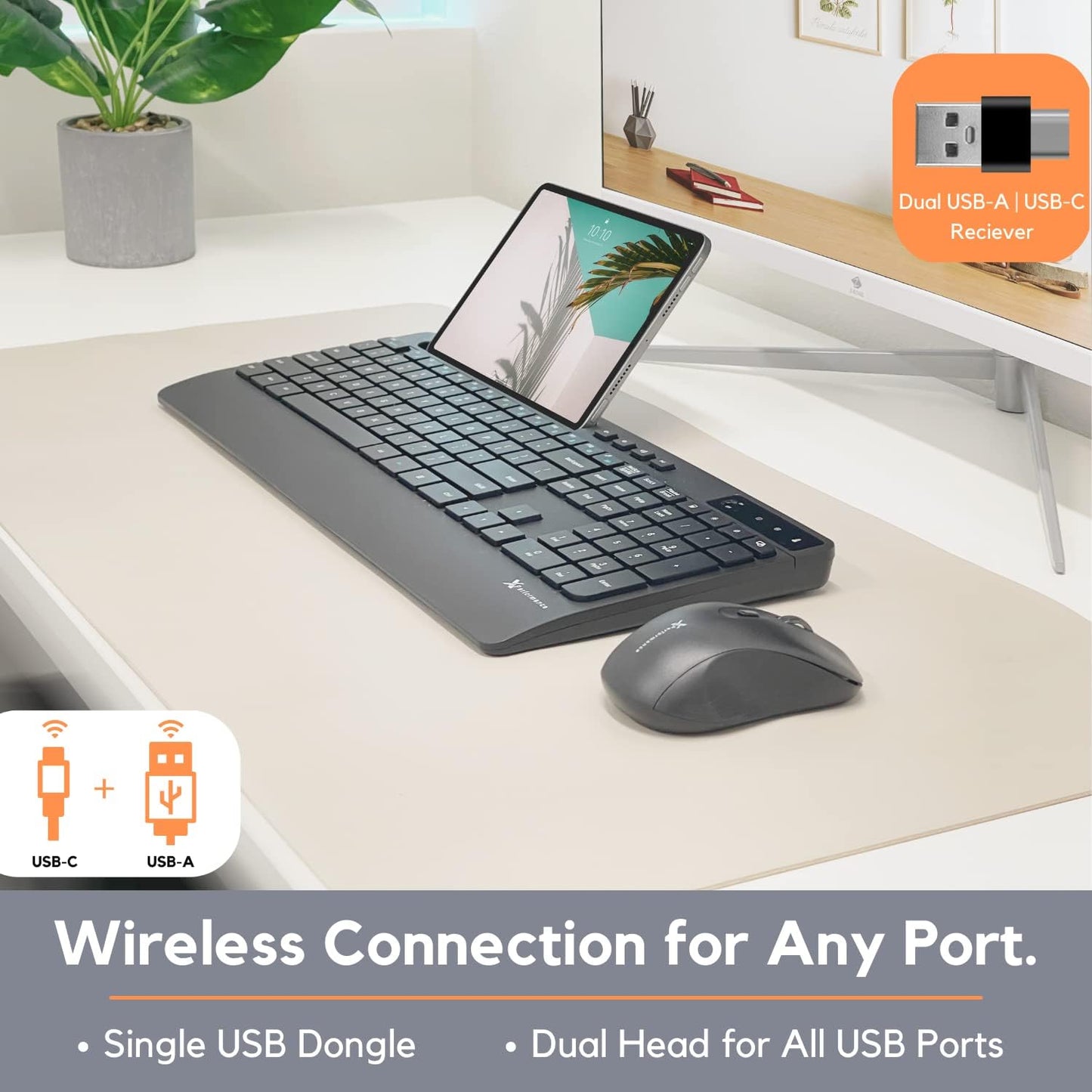 X9 Wireless USB-C Keyboard and Mouse Combo - Dual Port Compatibility (USB C + A) - Versatile Mouse Keyboard Combo Wireless w/ 8" Phone Stand and 113