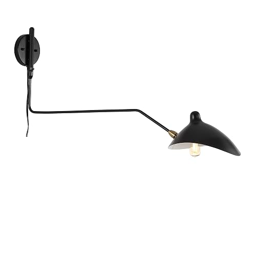JONATHAN Y 8.5" Black/Brass Gold Retro Swing Arm LED Wall Sconce, Mid-Century Modern Iron Plug-in Light for Bedroom, Living Room, Adjustable Metal