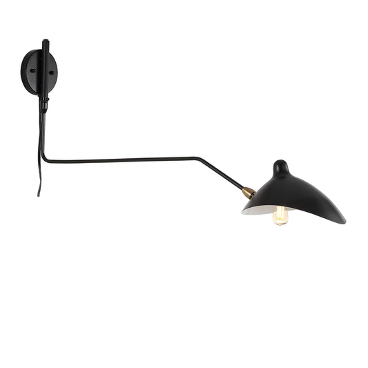 JONATHAN Y 8.5" Black/Brass Gold Retro Swing Arm LED Wall Sconce, Mid-Century Modern Iron Plug-in Light for Bedroom, Living Room, Adjustable Metal
