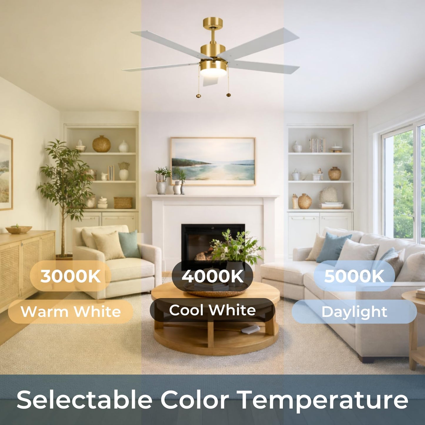 HOMEnhancements 52 Inch Ceiling Fan with Light Modern Champagne Gold Ceiling Fan with Pull Chain for Bedroom Living Room 3 Color Temprature LED Light