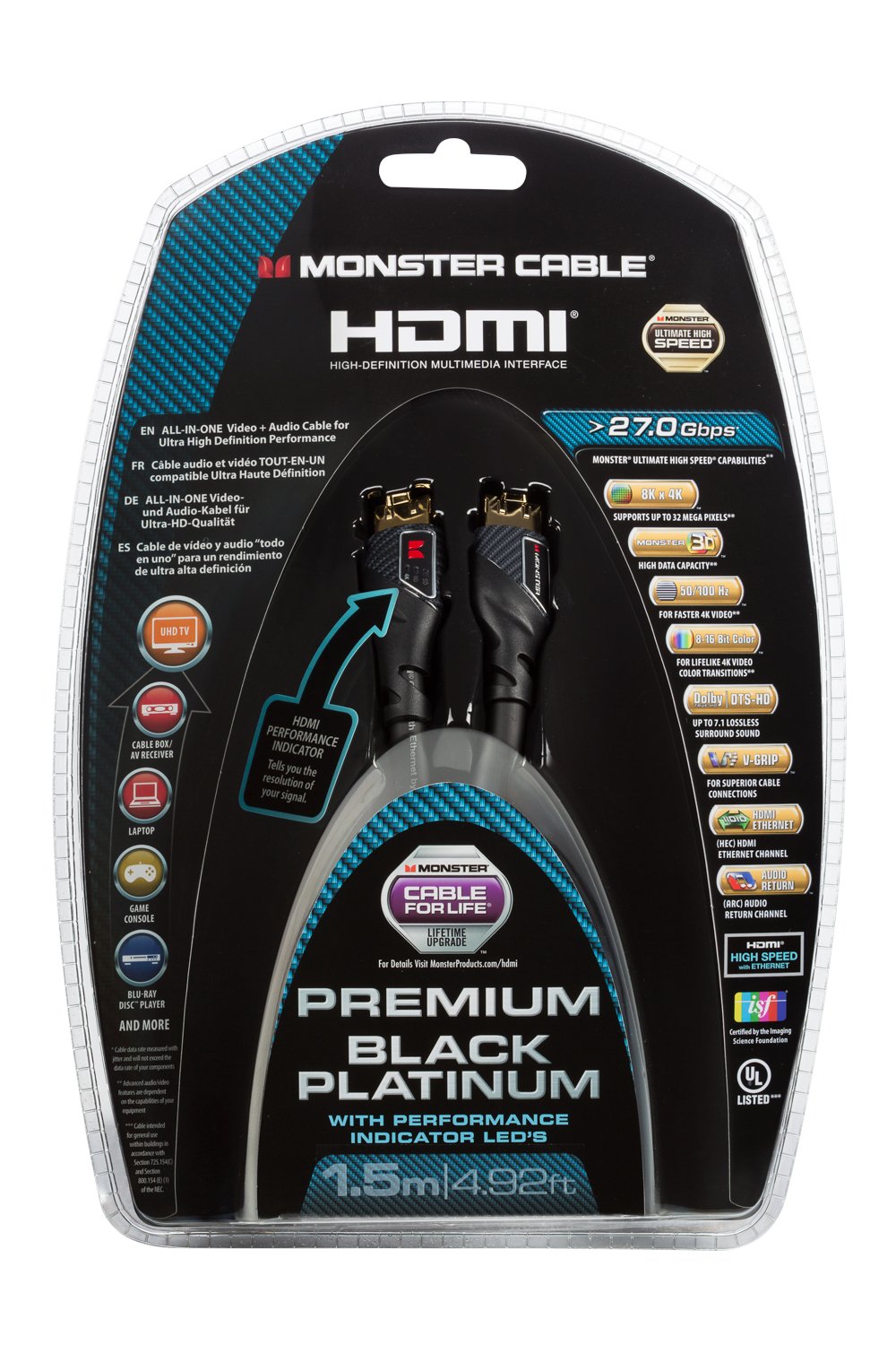 Monster Cable UltraHD Black Platinum Ultimate High Speed HDMI Cable with Ethernet and Performance Indicator, 5'
