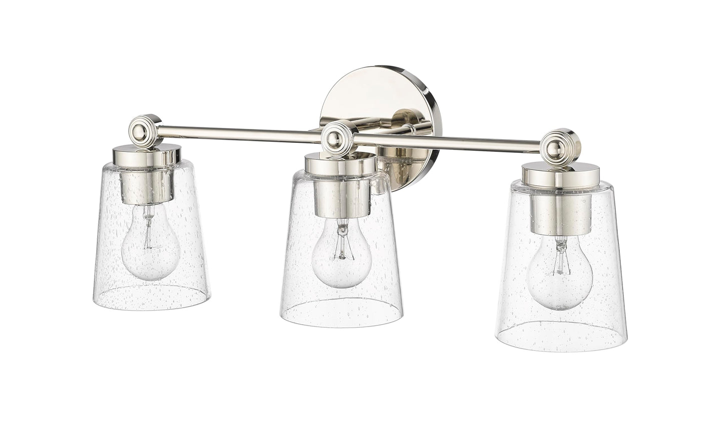 ML Lighting | Lauryn Collection | 22003-PN | 3 Light Vanity in Polished Nickel Finish with Clear Seeded Glass Shade | Versatile Design That adds