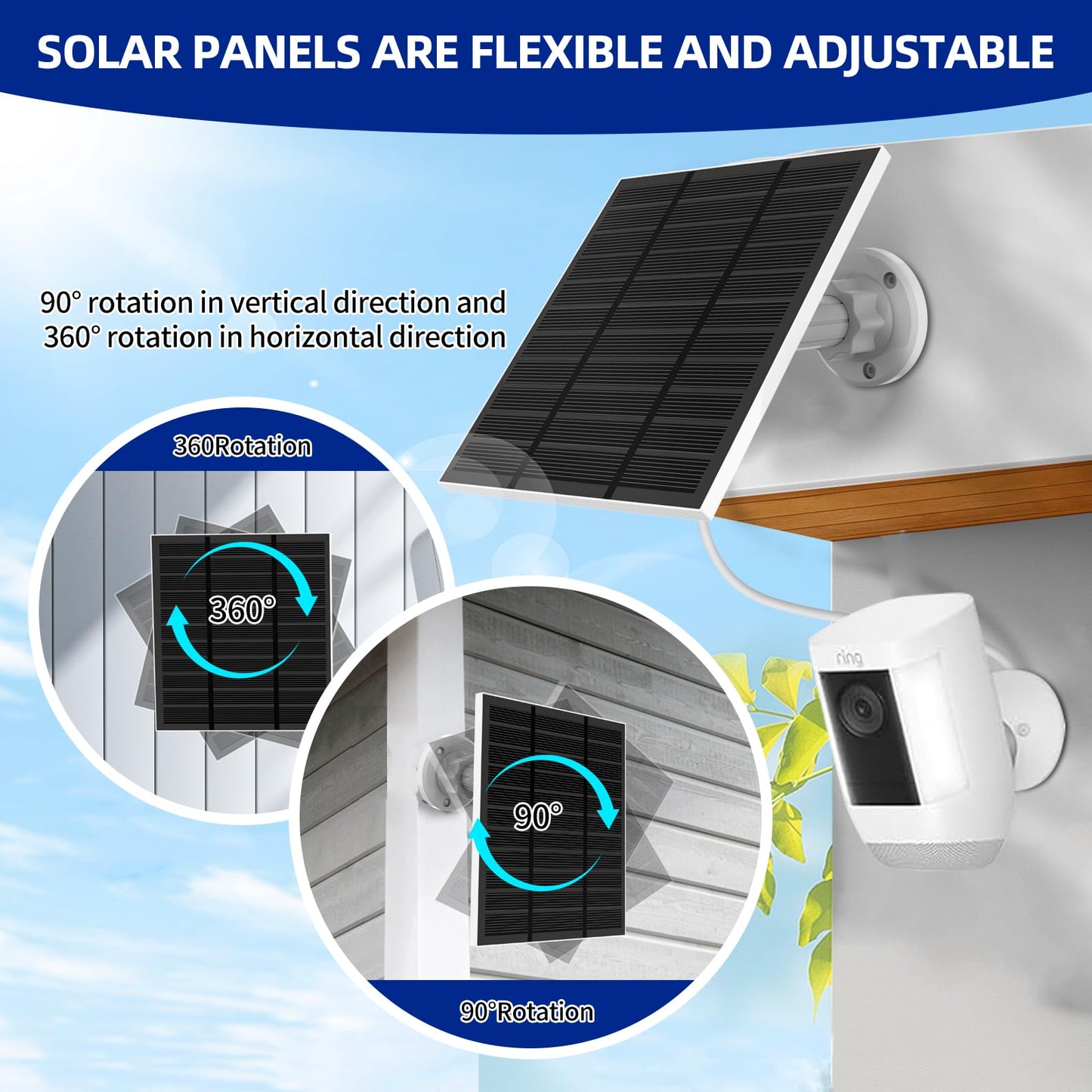 Solar Panels for Ring Camera Outdoor (New Generation) 5W 5V Solar Panel Charger with USB-C&Plug for Spotlight Cam Plus&Stick Up Cam Pro.Waterproof