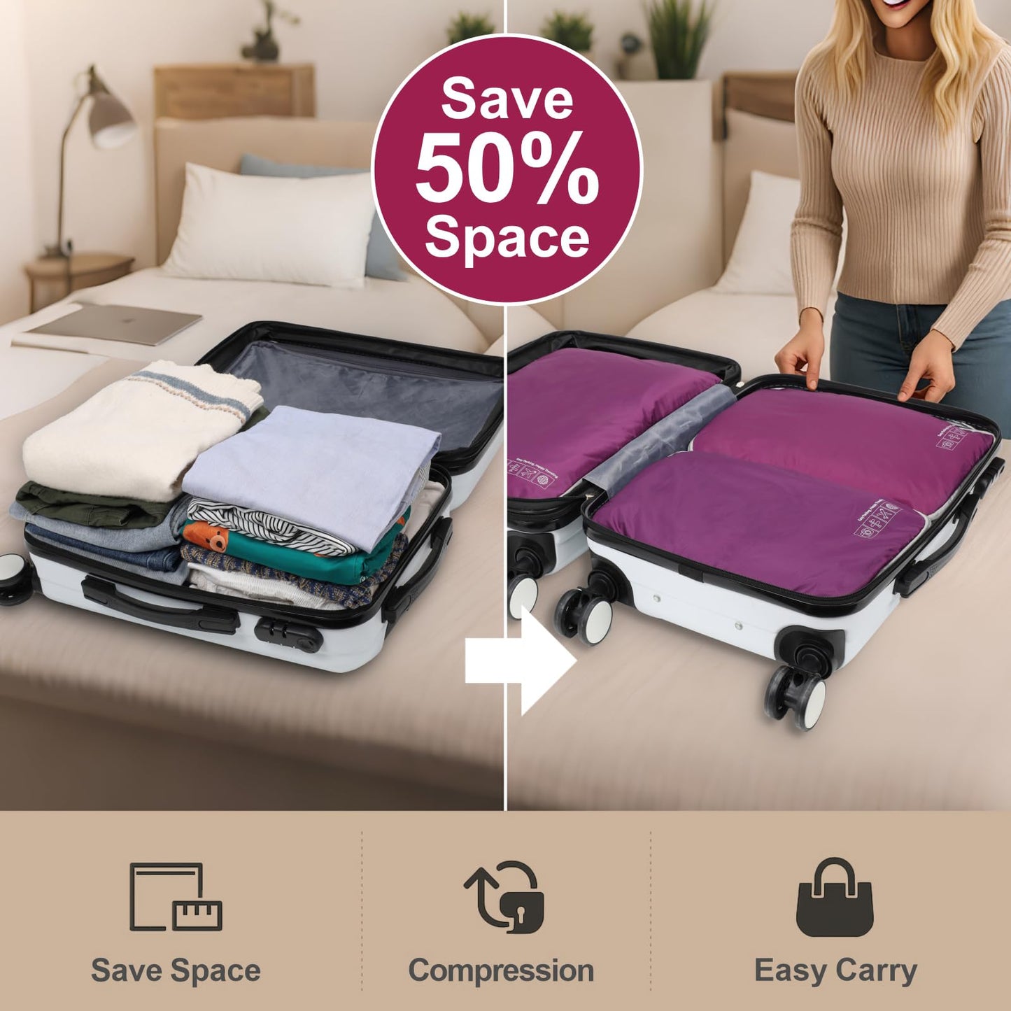 Cambond Compression Packing Cubes for Travel Women - 3 Pack Luggage Organizers Bags Travel Essentials Compression Cubes for Carry on Suitcases, White