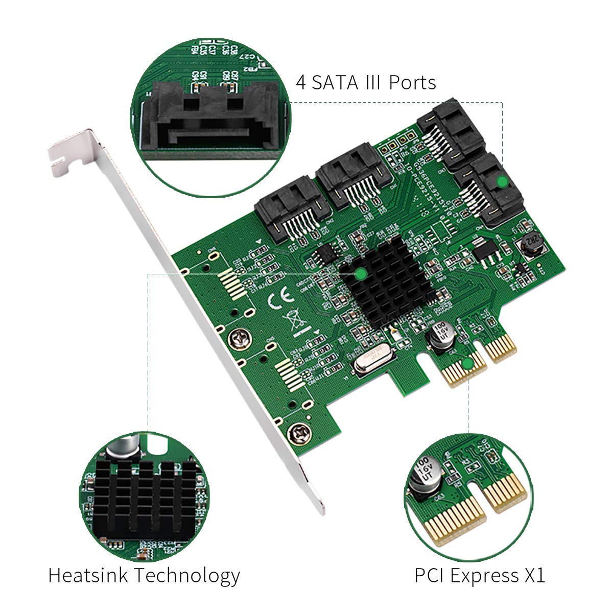 4 Port SATA III Expansion Card with Low Profile Bracket - 6Gbps SATA 3.0 Controller PCI Express x1 Marvell 9215 for Windows 11/10/8/7/XP/Vista/Linux