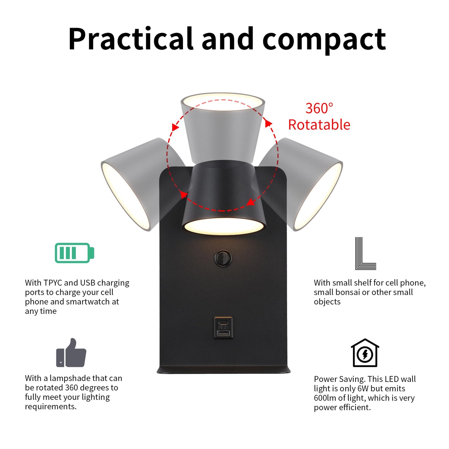 DEC LUCE DECOLUCE LIGHTING Modern LED Plug in Wall Sconce, Dimmable Wireless Wall Light Fixtures with Shelf and USB Port, 6W,600LM, Rotatable Small