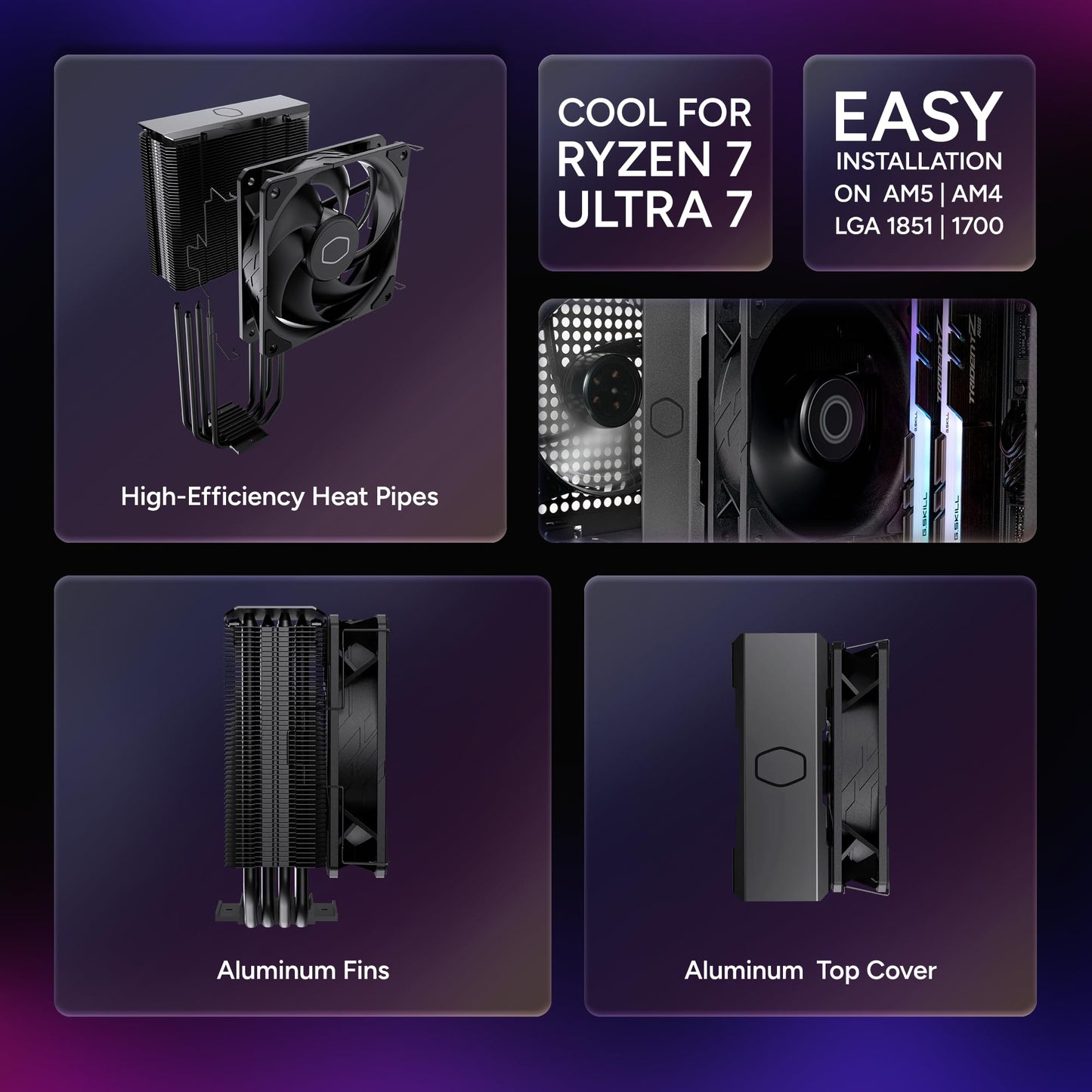 Cooler Master Hyper 212 Black CPU Air Cooler - 120mm High Performance PWM Fan, 4 Copper Heat Pipes, Aluminum Top Cover, Low Noise & Easy Installation
