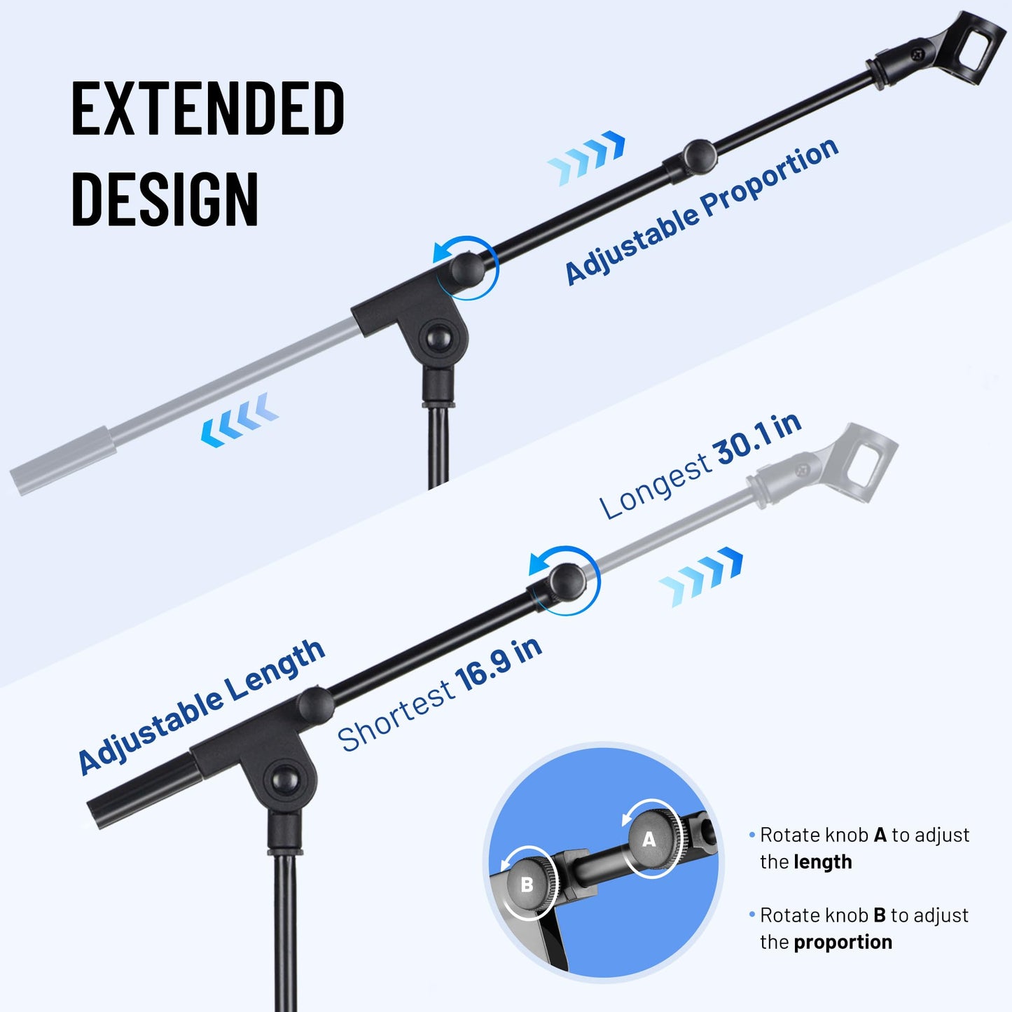 CAHAYA Mic Stand Floor Adjustable - Tripod Boom Arm Microphone Stand with Carrying Bag 2 Mic Clips 3/8" to 5/8" Adapter for Singing Podcast Compatible