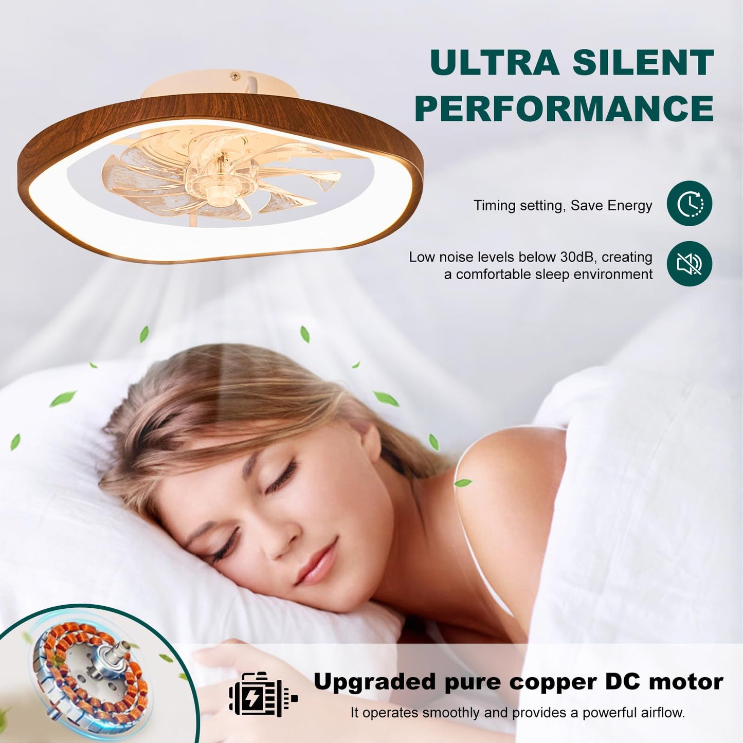 HSMKL 20? Low Profile Ceiling Fan with Lights, Farmhouse Retro Walnut Wood Grain Ceiling Fan Light, Bladeless Dimmable LED Chandelier Fans for Bedroom