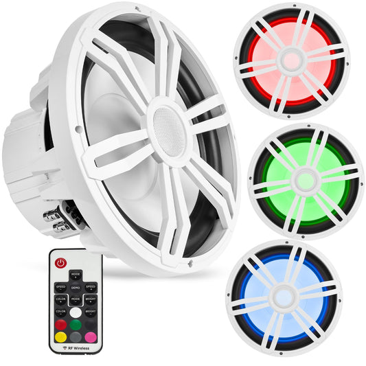 BELVA BMS12RW 1000W Peak (400W RMS) 12" Marine Subwoofer with Multi-Color LED Lighting for Boats/ATV/UTV/SxS/Powersport