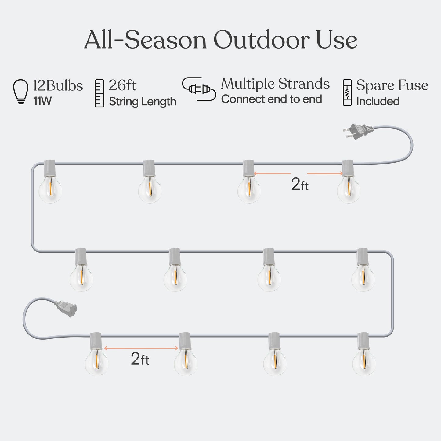 Brightech Ambience Pro LED String Lights - 26 Ft Commercial Grade Patio Lights Outdoor Waterproof - 12 Globe Porch String Lights for Outside, Backyard