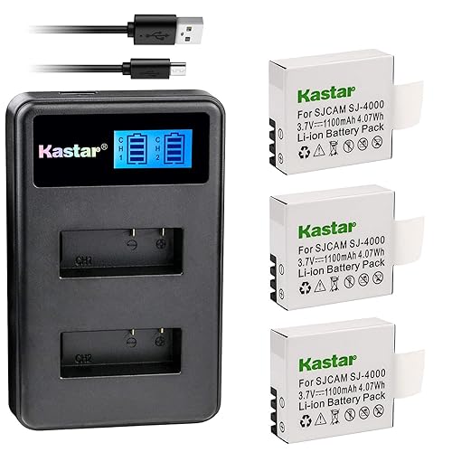 Kastar Battery 3 Pack and LCD Dual Charger for Eken PG1050 SJCAM SJ4000B & Evolveo Sportcam W7 Evolveo Sportcam W8 QUMOX SJ4000 QUMOX SJ4000 WiFi