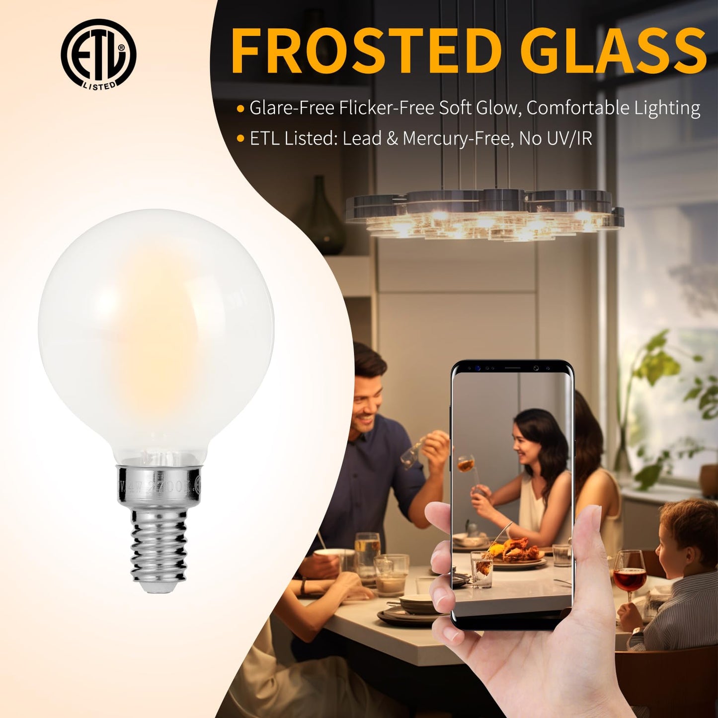 Decoaui E12 G16 LED Globe Light Bulbs, Small Golf-Ball Size Round Bulb, 4W (40W Equivalent) 400 Lumens, 2700K Soft White, Dimmable, Frosted Glass,