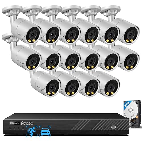 PANOOB 16 Channel Security Camera System 4K for Commercial,4K 16CH PoE NVR 4TB HDD,16x 8MP Wired Outdoor IP Cameras,Smart Color Night Vision,AI Human