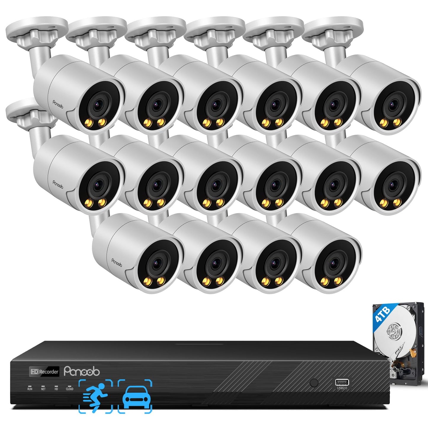 PANOOB 16 Channel Security Camera System 4K for Commercial,4K 16CH PoE NVR 4TB HDD,16x 8MP Wired Outdoor IP Cameras,Smart Color Night Vision,AI Human