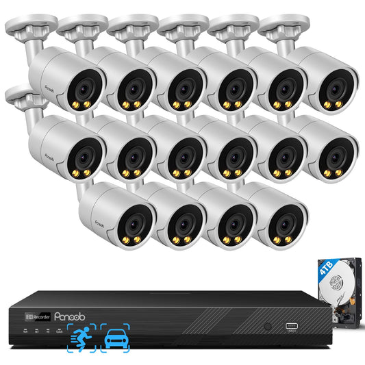 PANOOB 16 Channel Security Camera System 4K for Commercial,4K 16CH PoE NVR 4TB HDD,16x 8MP Wired Outdoor IP Cameras,Smart Color Night Vision,AI Human