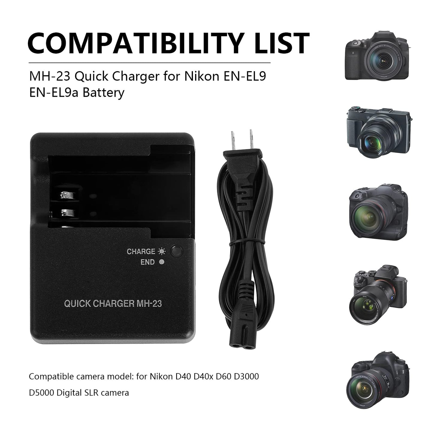 MH-23 Quick Charger for Nikon EN-EL9 EN-EL9a Battery Compatible with D40 D40x D60 D3000 D5000 Digital SLR Camera, black