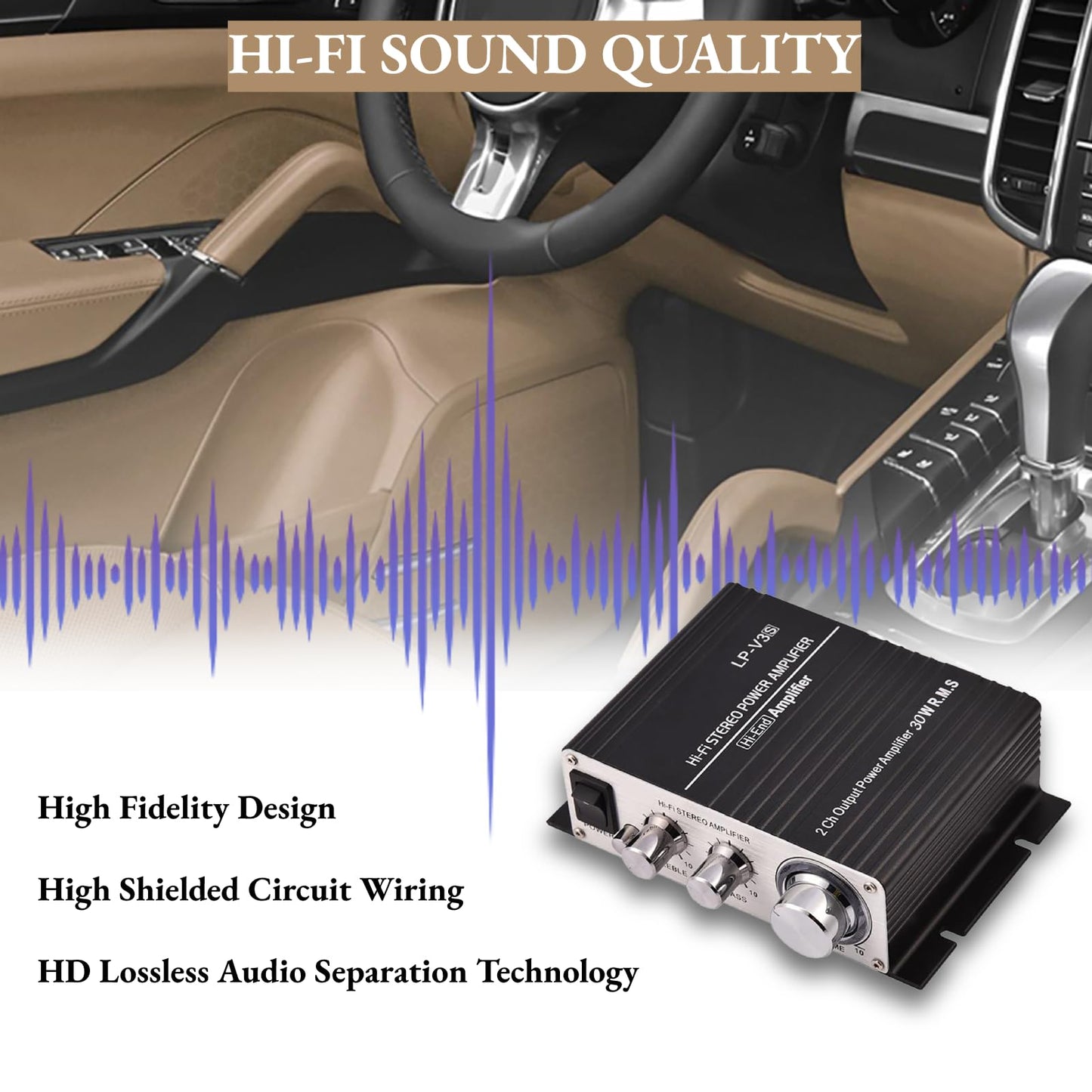 Power Amplifier, Mini 2 Channel HiFi Stereo Auto Car Audio, Power Amplifier Digital Amp with Bass, Treble & Volume Control, for Car, Motorcycle, Boat