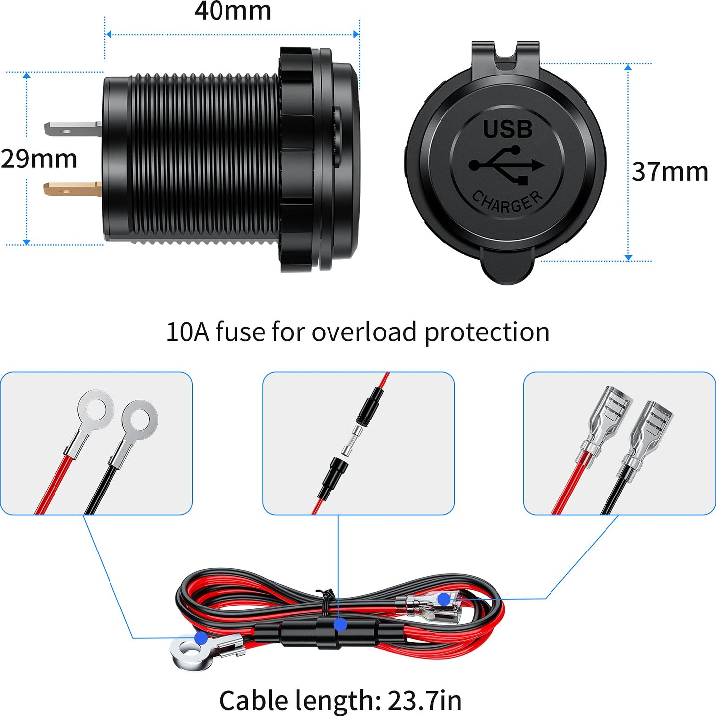 KEWIG Quick Charge 3.0 Dual USB Charger Socket Waterproof 36W 12V 24V USB Outlet Fast Charge with Touch Switch & Blue LED DIY Kit for Car Boat Marine