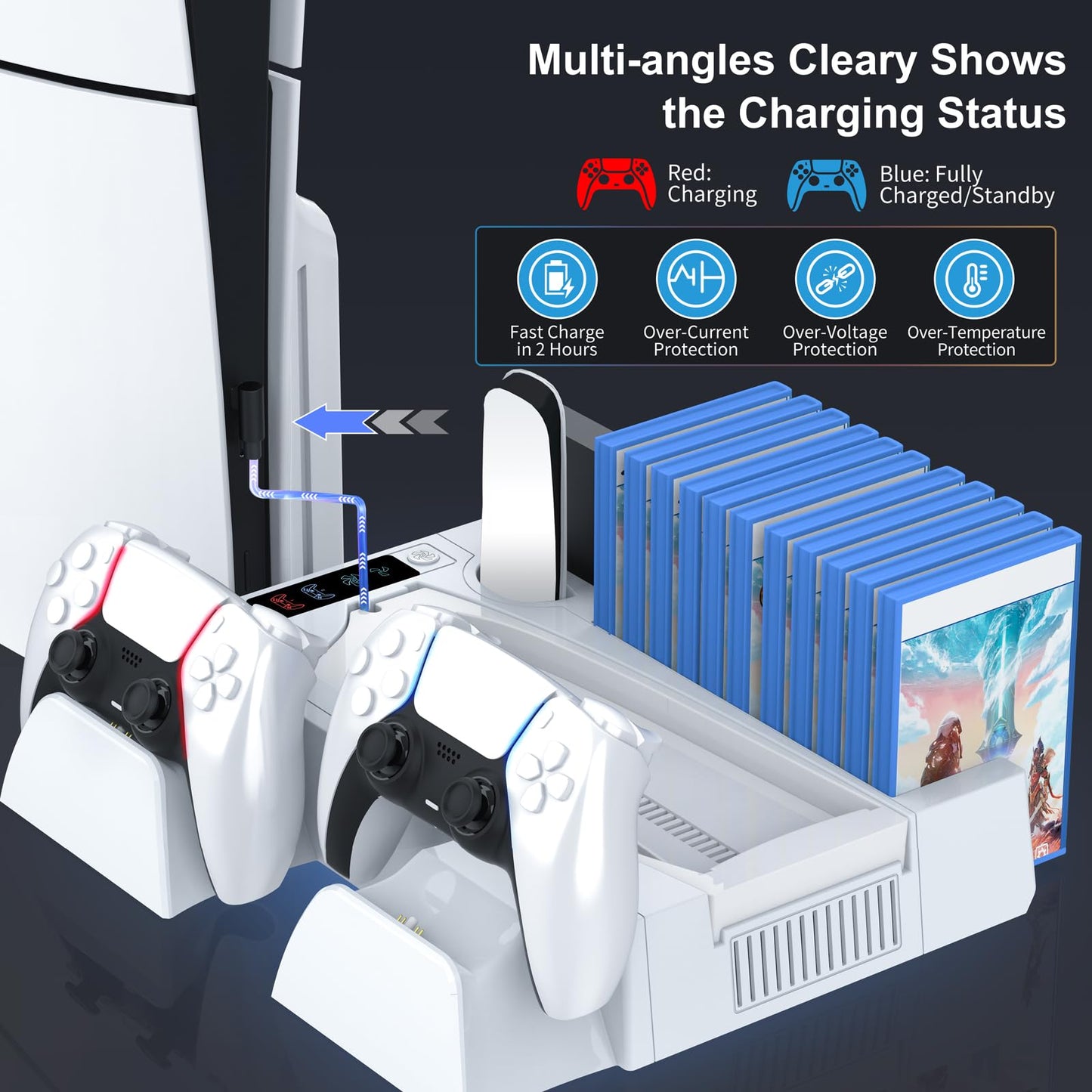 PS5 / PS5 Slim Cooling Station with Controller Charging Station, Cooling Stand for PlayStation 5 Console, PS 5 Dock Accessories Organizer with Storage